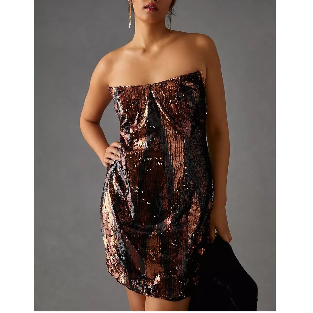 By Anthropologie Strapless Statement Sequin Mini Dress Brown Black Size 12